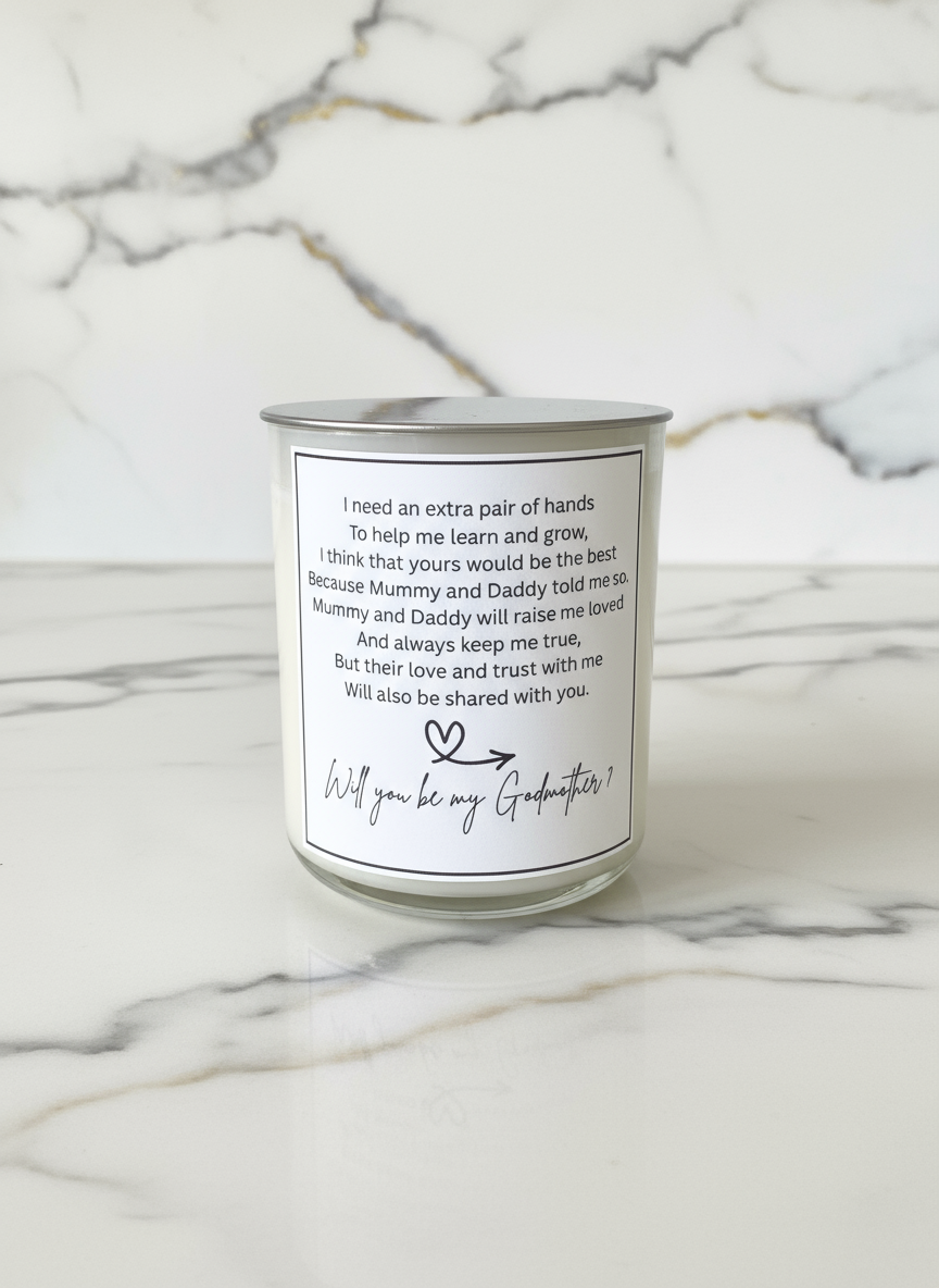 Godmother candle on marble surface